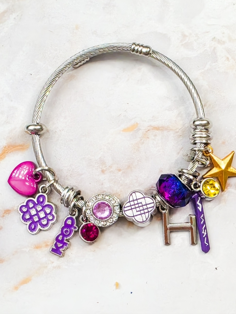 KPop Demon Hunters Bangle Bracelet Huntrix Inspired Silver Cable Charm Jewelry